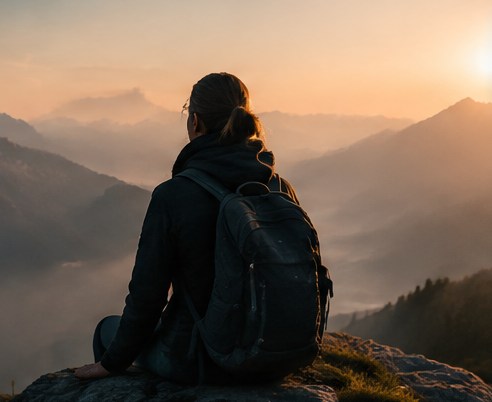 A hiker looking toward a mountain horizon at dawn